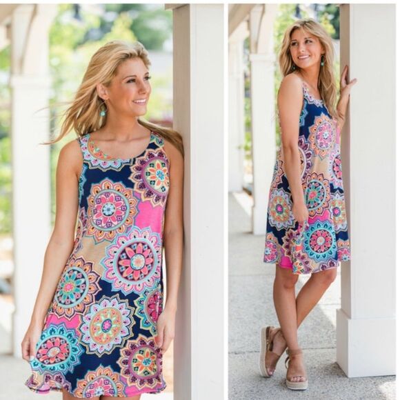 Jenny Boston Racheal The Kelsey Dress In Navy Medallion Print Pockets NWOT - Picture 3 of 11